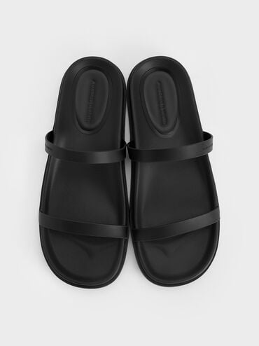 Double-Strap Slide Sandals, Black, hi-res