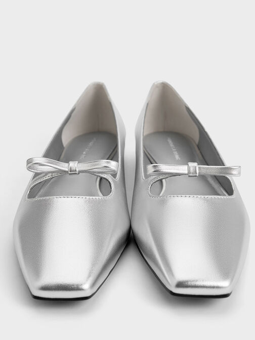 Metallic Bow Square-Toe Ballet Flats, Silver, hi-res