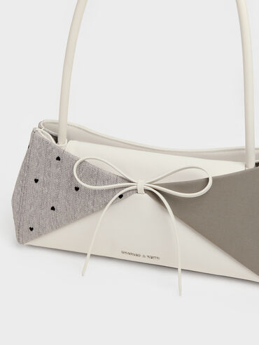 Hazel Heart-Print Bow Panelled Shoulder Bag, Taupe, hi-res
