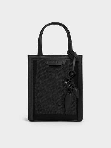Mesh Sequin-Flower Elongated Tote Bag, Jet Black, hi-res