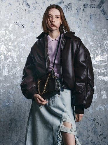 กระเป๋าสะพายข้างดีไซน์สายถักแบบคู่รุ่น Arya, สีดำ, hi-res