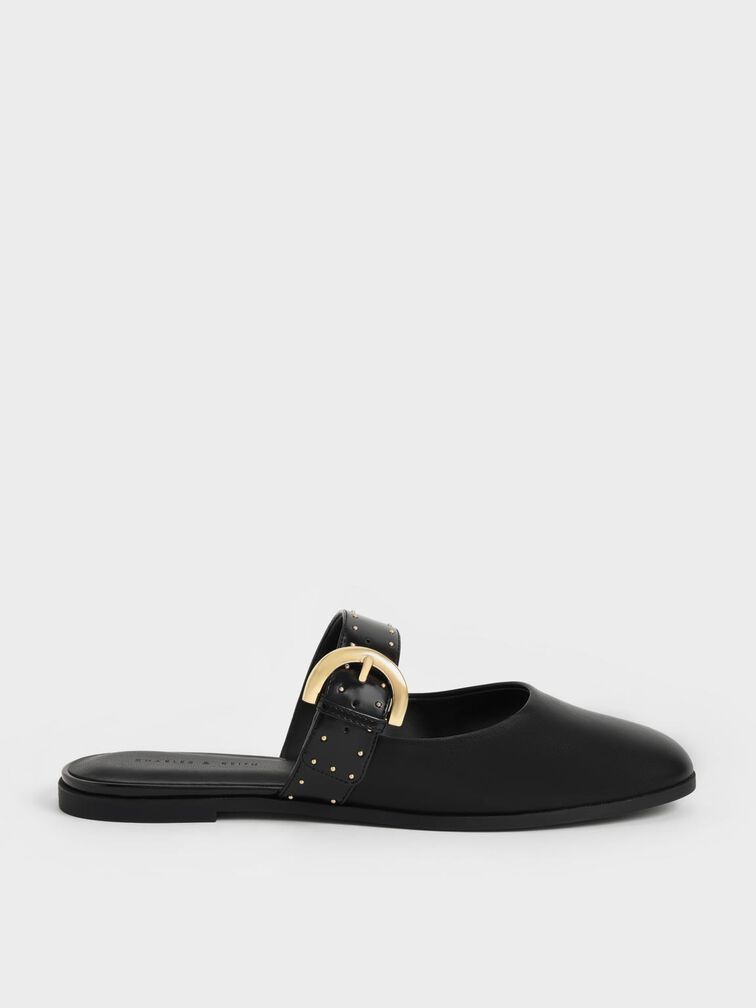 Studded Buckled Flat Mules, , hi-res