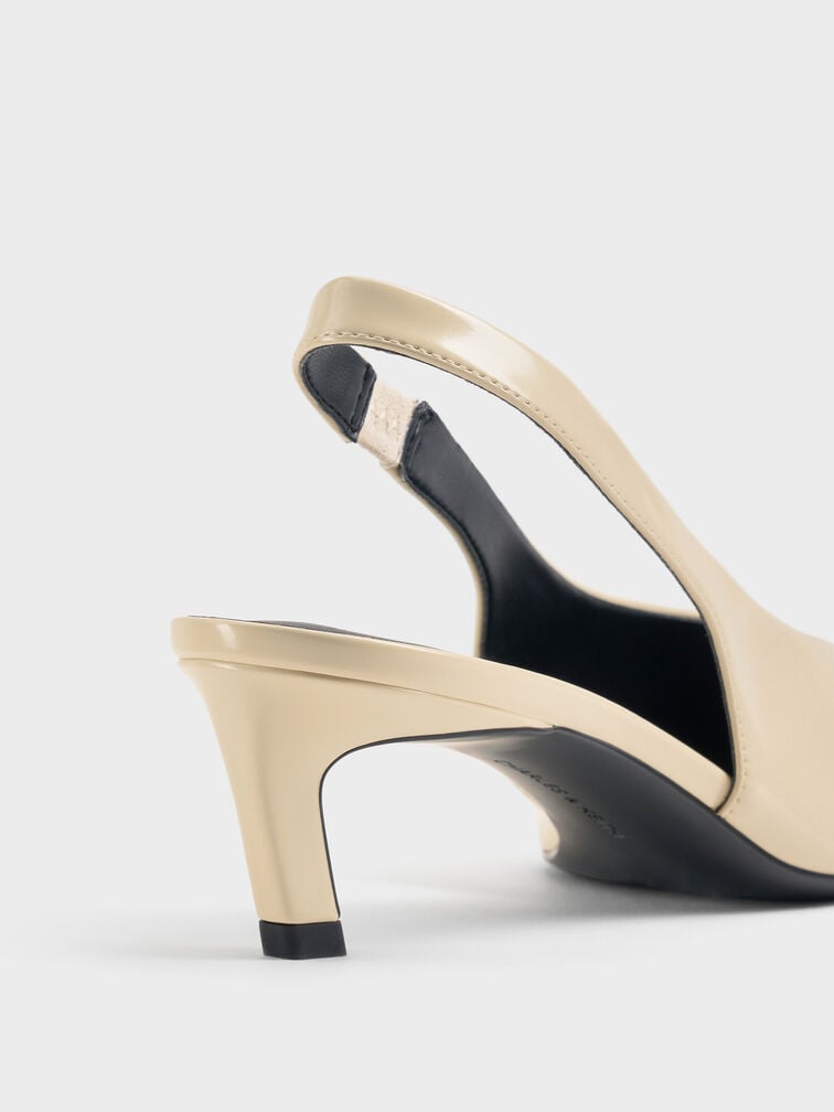 Tapered Square-Toe Slingback Kitten Heels, Beige, hi-res