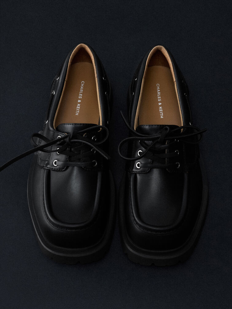 รองเท้าโบ๊ทชูส์พื้นหยักแบบผูกเชือก, สีดำ, hi-res