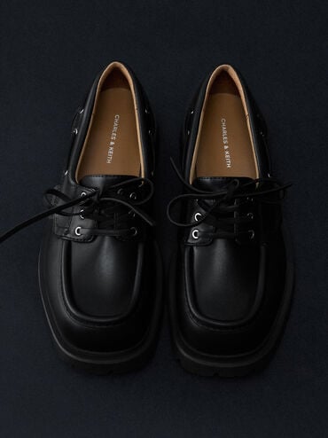 รองเท้าโบ๊ทชูส์พื้นหยักแบบผูกเชือก, สีดำ, hi-res