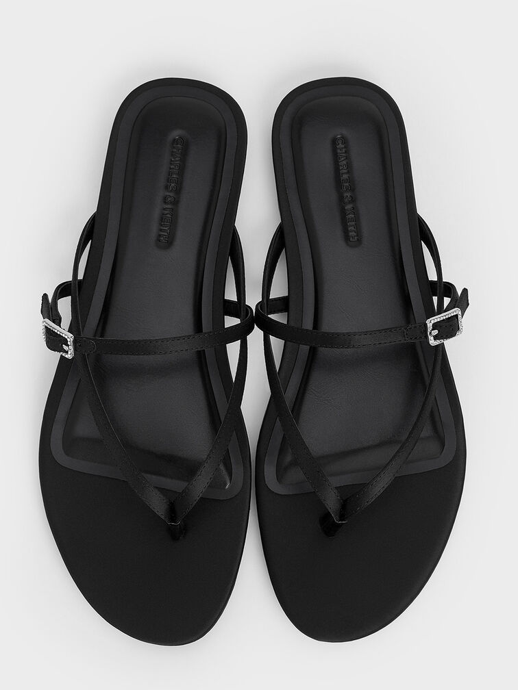 Satin Crystal-Buckle Strappy Thong Sandals, Black Textured, hi-res