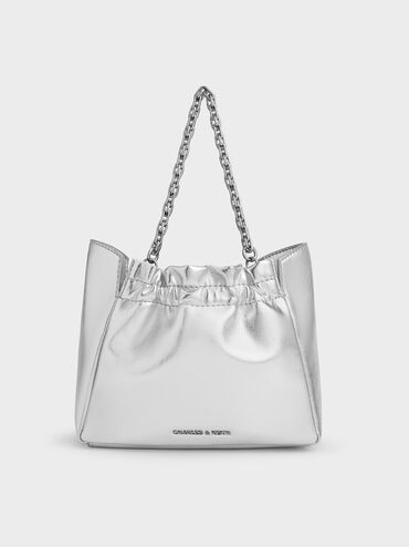 Brigette Ruched Glittered Chain-Handle Shoulder Bag, Silver, hi-res