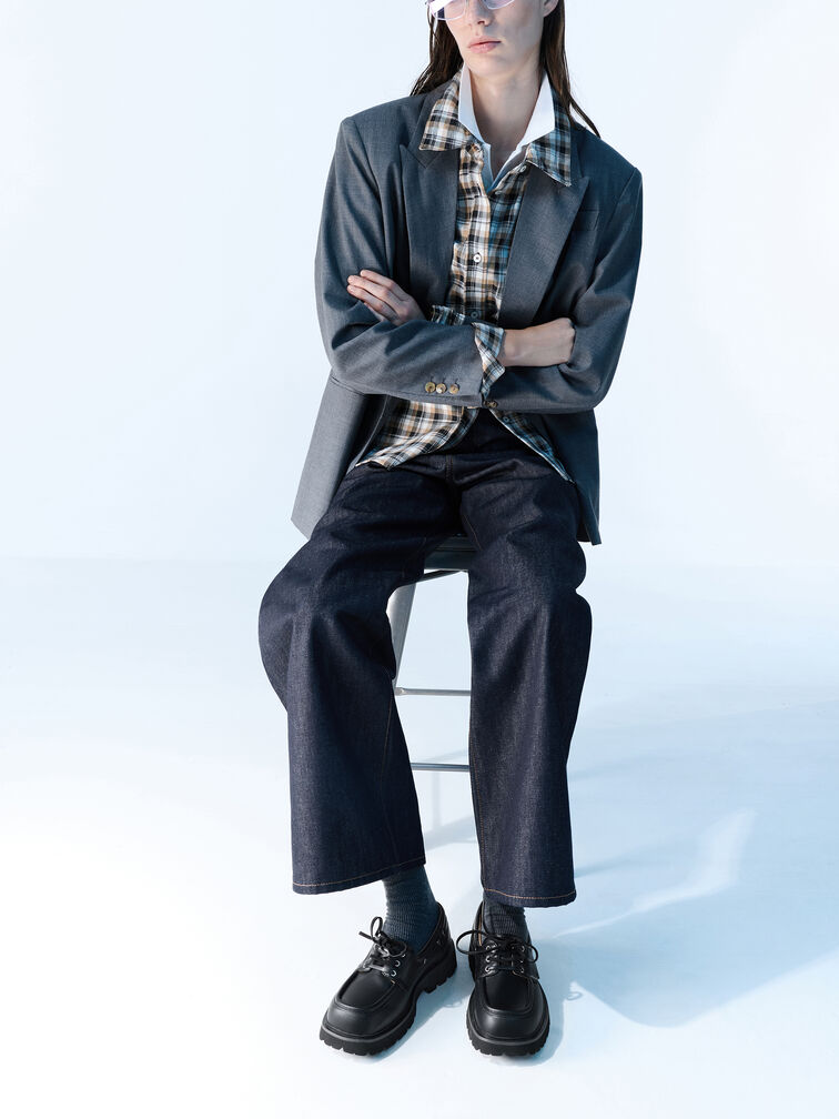 รองเท้าโบ๊ทชูส์พื้นหยักแบบผูกเชือก, สีดำ, hi-res