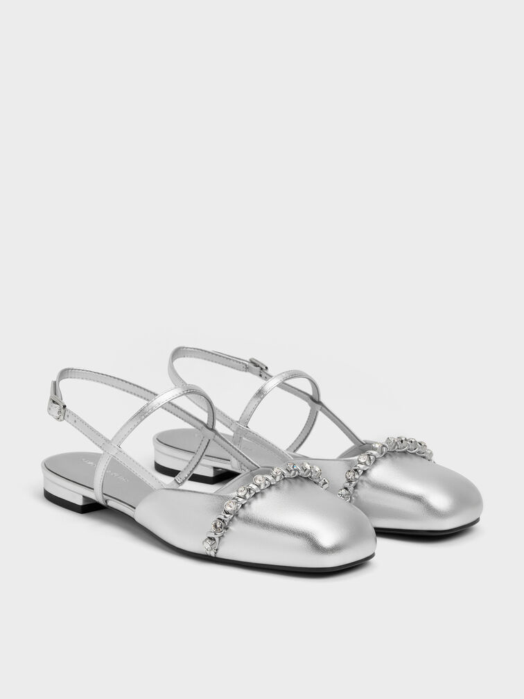 Metallic Crystal Slingback Flats, Silver, hi-res