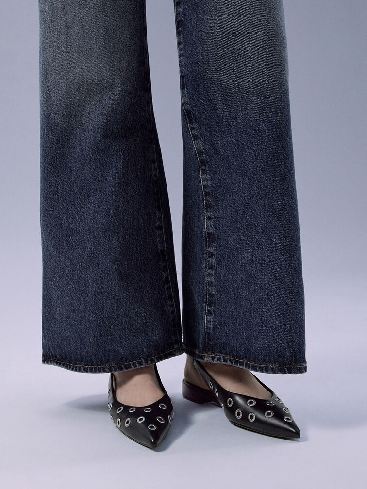 Grommet Pointed-Toe Slingback Flats, Black, hi-res