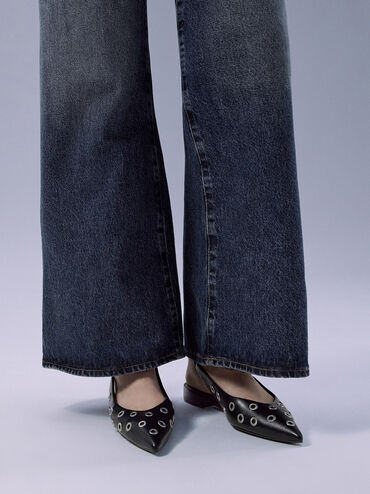 Grommet Pointed-Toe Slingback Flats, Black, hi-res