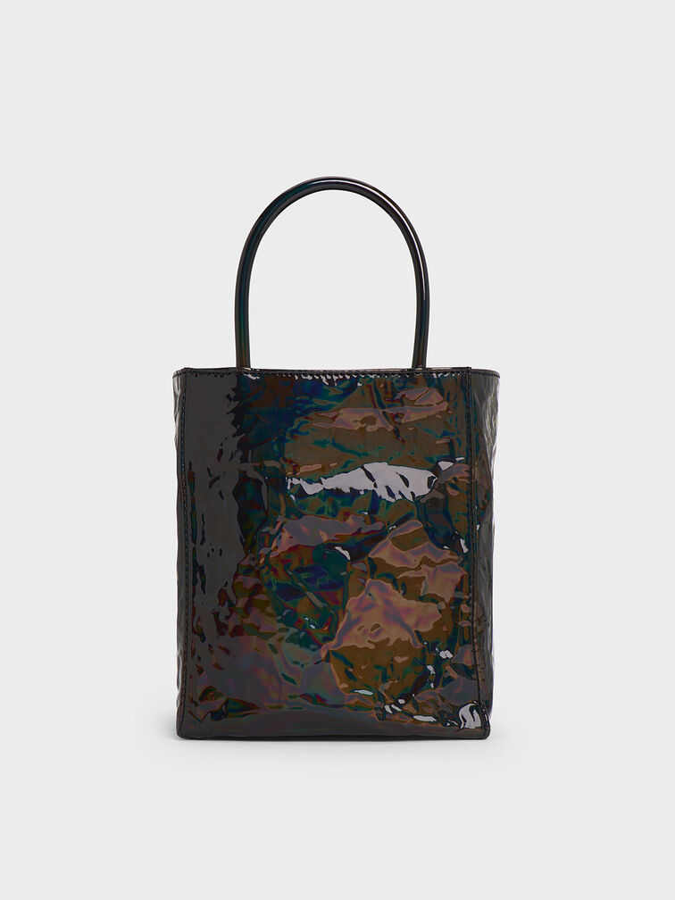Matina Patent Crinkle-Effect Elongated Tote Bag, Prism Noir, hi-res