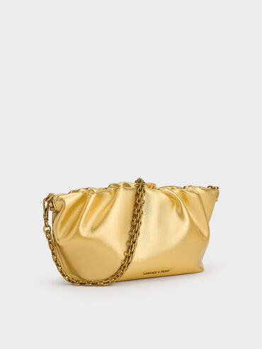 Brigette Metallic Ruched Chain-Handle Clutch, Gold, hi-res