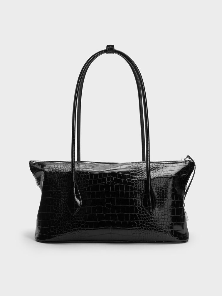 Aveline Croc-Effect Front-Flap Shoulder Bag, Black Croco, hi-res