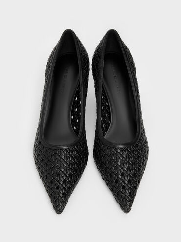 Woven Pointed Stiletto Pumps, Black, hi-res