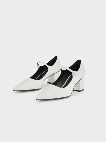 Pointed-Toe Mary Jane Pumps, สีขาว, hi-res