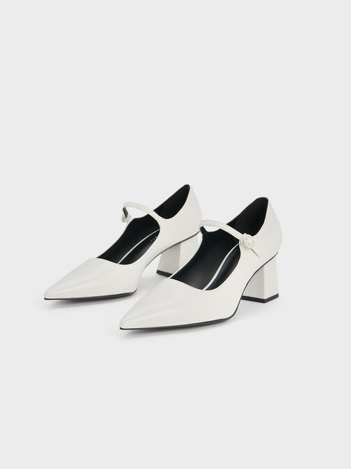 Pointed-Toe Mary Jane Pumps, White, hi-res