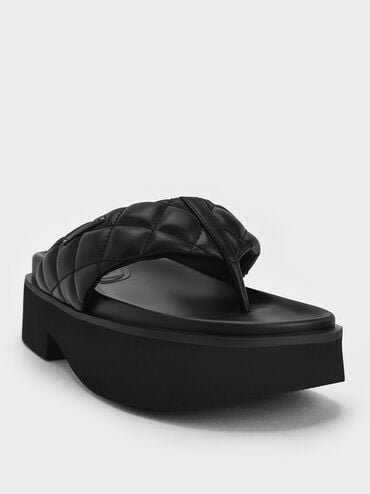 V-Strap Platform Thong Sandals, Black, hi-res