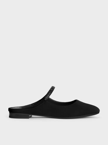 Faux Suede Crystal-Embellished Mules, Black Textured, hi-res