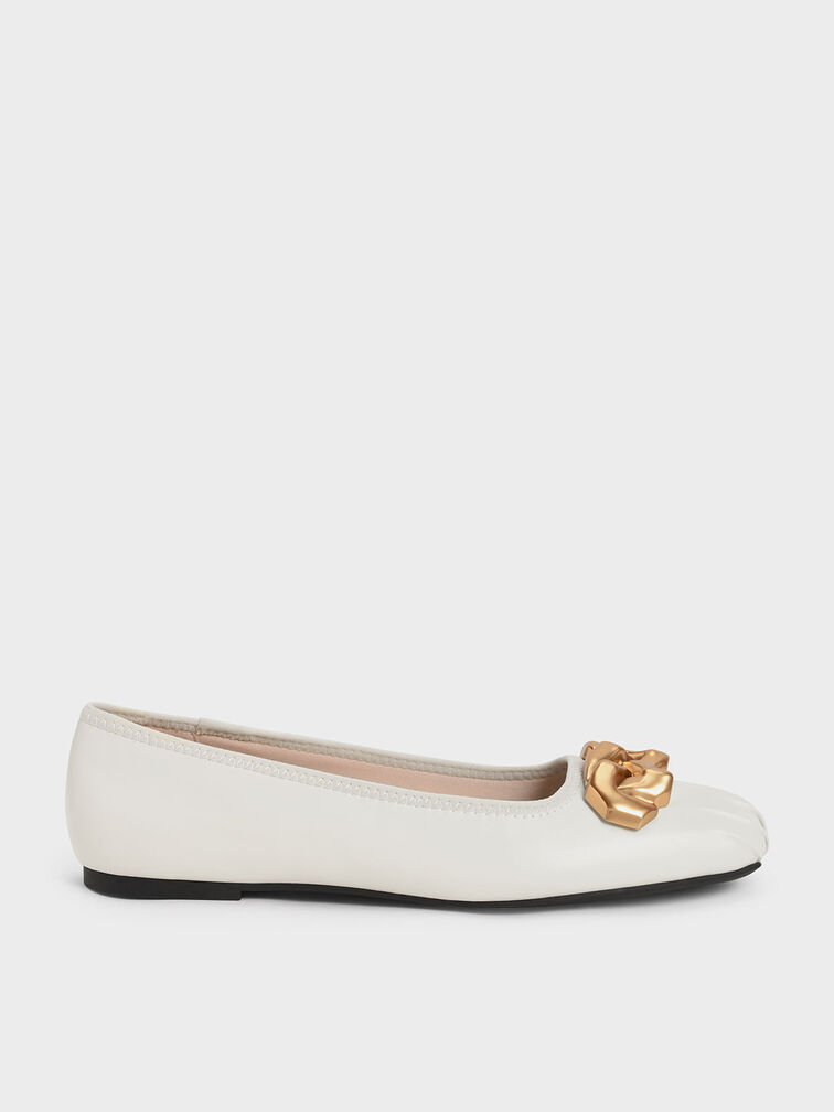 Ruched Square-Toe Chunky Chain-Link Ballerinas, , hi-res