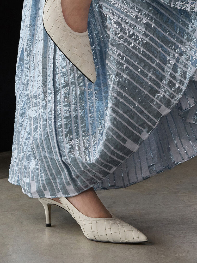 Woven Pointed-Toe Slingback Pumps, Chalk, hi-res