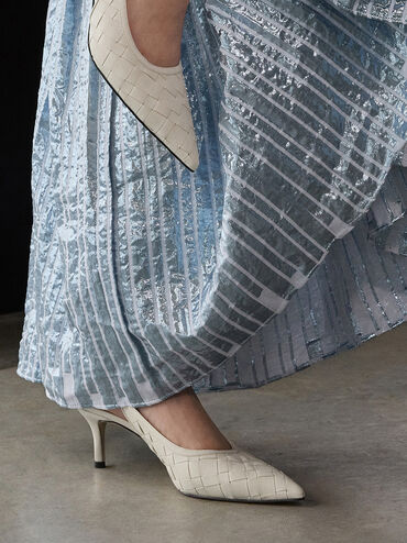 Woven Pointed-Toe Slingback Pumps, Chalk, hi-res