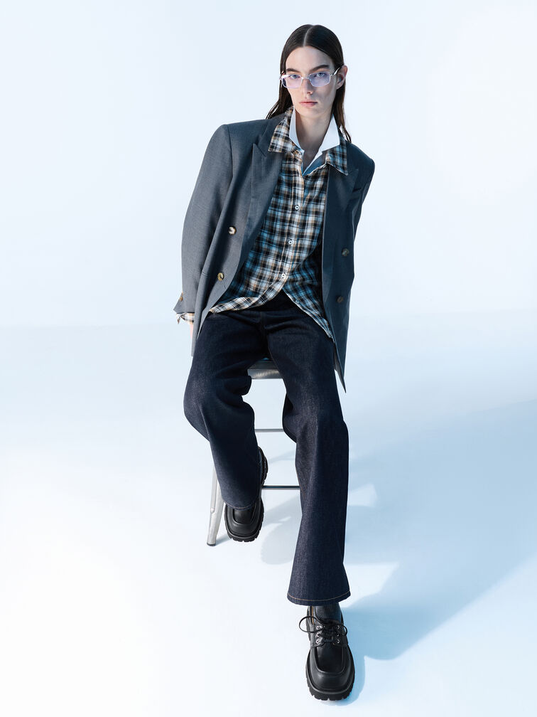 รองเท้าโบ๊ทชูส์พื้นหยักแบบผูกเชือก, สีดำ, hi-res