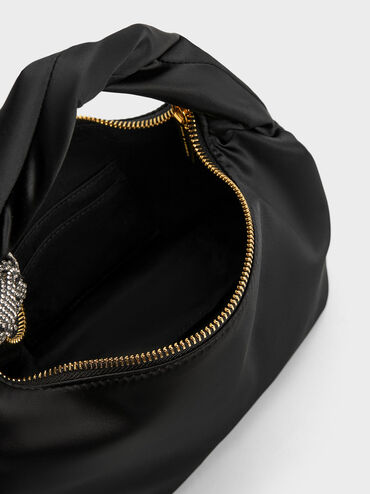 Embellished Satin Shoulder Bag, สีดำ, hi-res