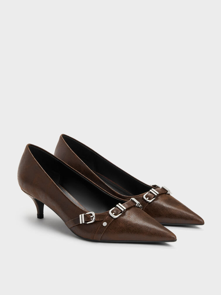 Aira Buckled-Strap Kitten Heels, Dark Brown, hi-res