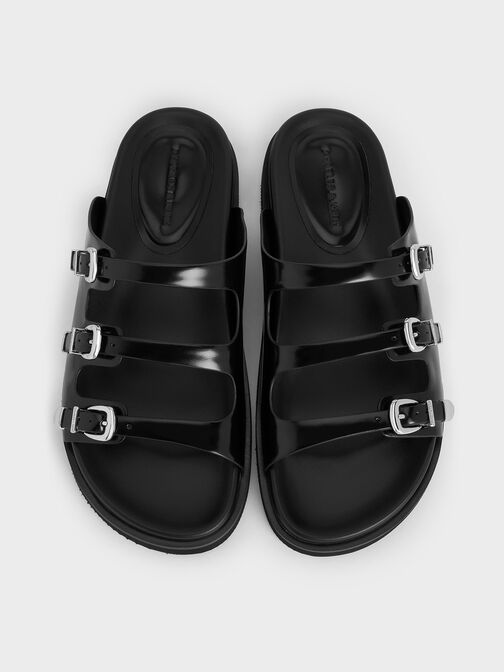 Buckled Triple-Strap Sandals, Black Boxed, hi-res