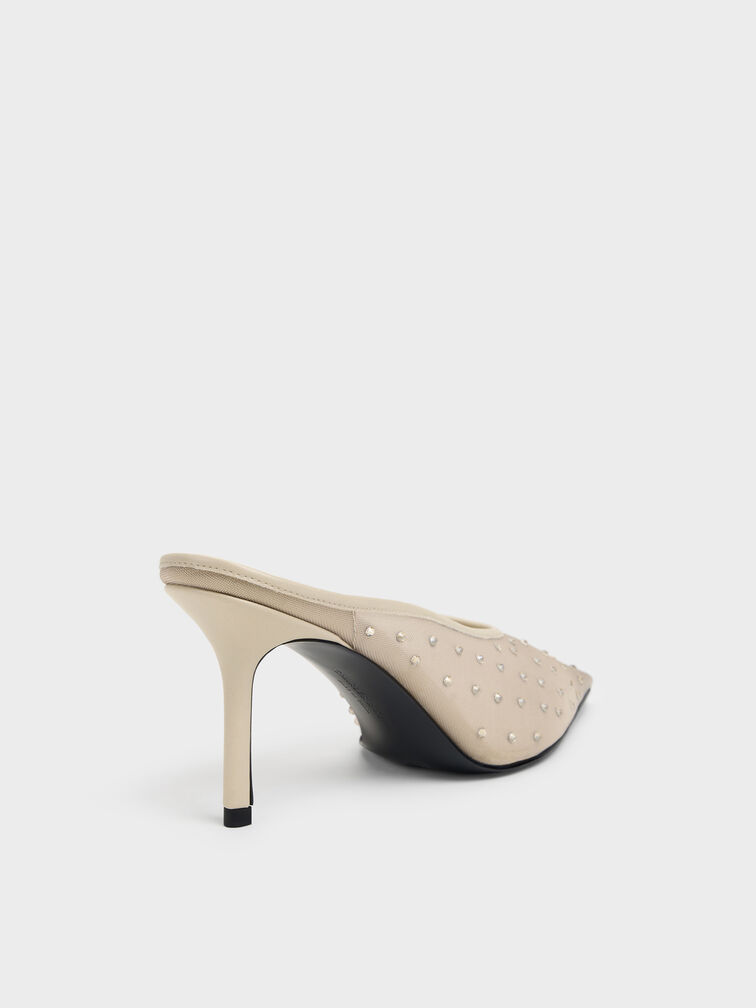 Mesh Crystal Pointed Heeled Mules, Beige, hi-res