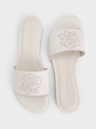 Perforated-Rose Motif Slide Sandals, Chalk, hi-res