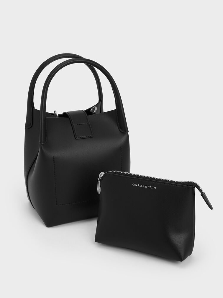 กระเป๋าทรงถังรุ่น Aubrielle, สีดำอะไหล่สีเงิน, hi-res