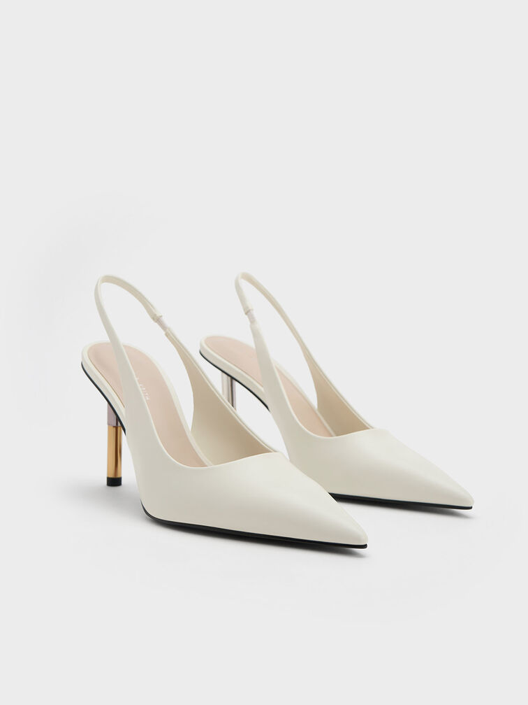 Cylindrical Metallic Heel Slingback Pumps, White, hi-res