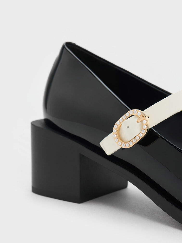 Patent Crystal-Embellished Buckle Two-Tone Mary Janes, หนังแก้วสีดำ, hi-res