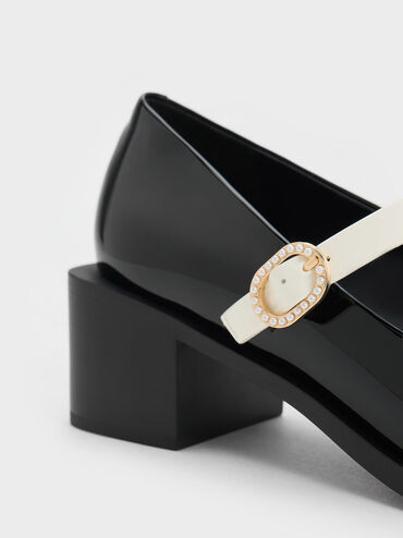 Patent Crystal-Embellished Buckle Two-Tone Mary Janes, หนังแก้วสีดำ, hi-res