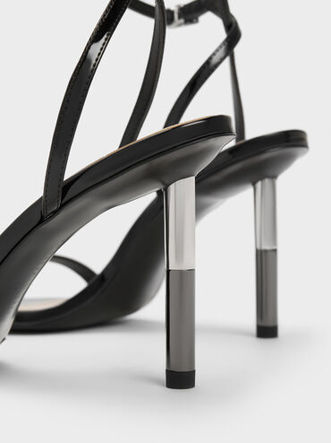 Cylindrical Metallic Heel Patent Sandals, , hi-res
