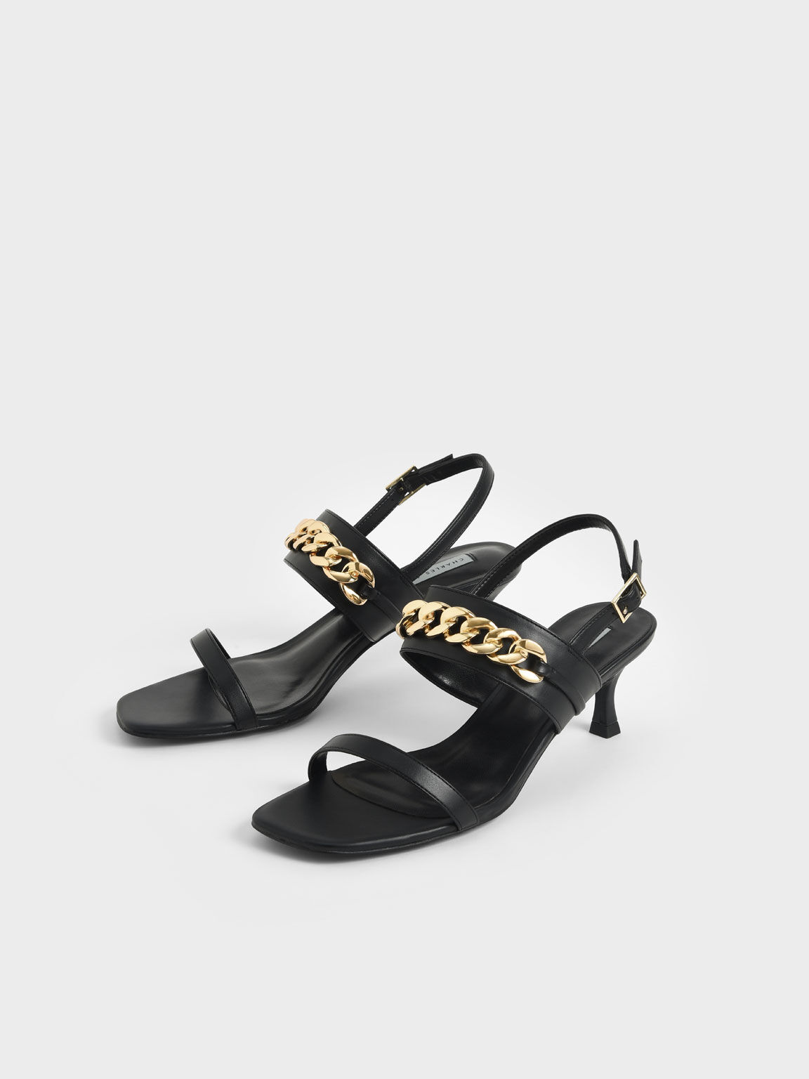 Chain Strap Heeled Sandals, Black, hi-res