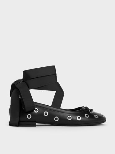Margot Grommet Tie-Around Ballet Flats, Black, hi-res