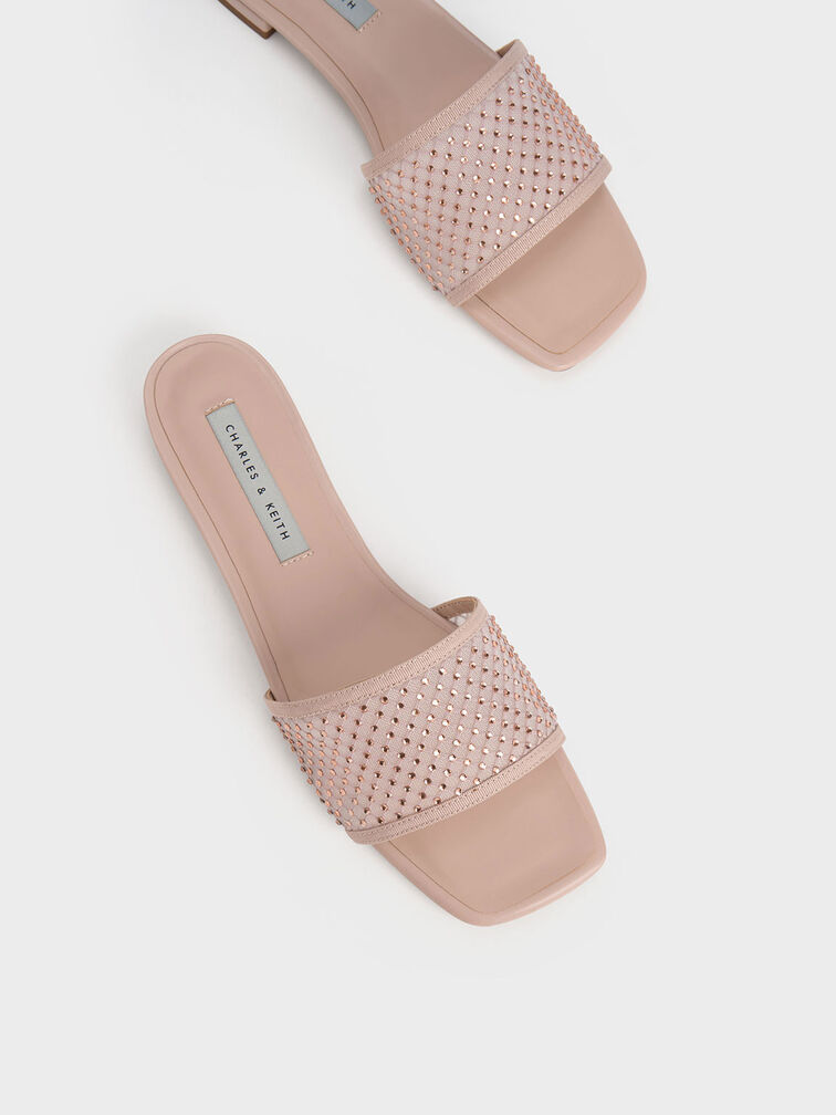 Gem-Encrusted Mesh Slide Sandals, , hi-res