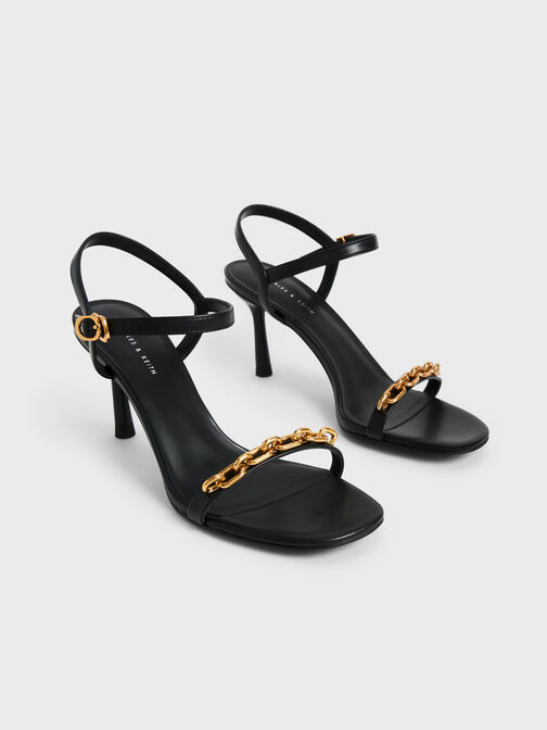 Chain Link Heeled Sandals, Black, hi-res