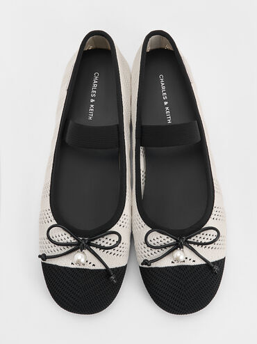 Knitted Pearl-Accent Bow Ballet Flats, Chalk, hi-res