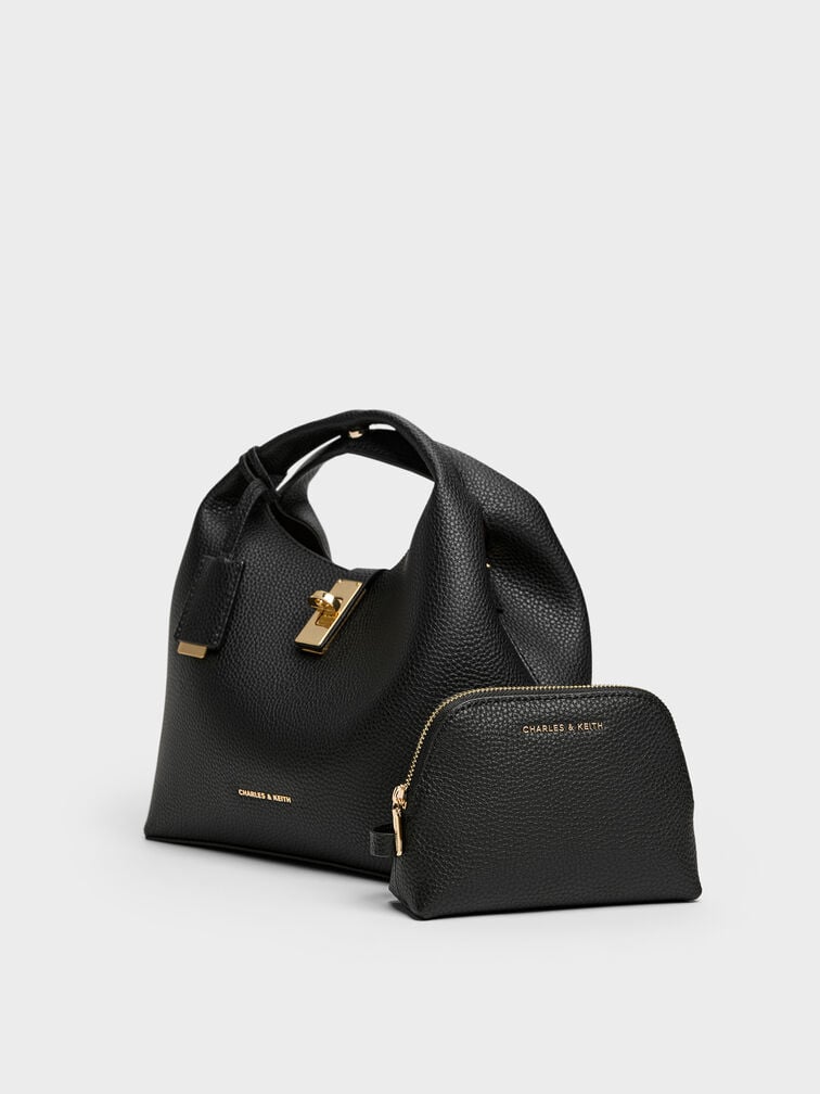 กระเป๋าทรงถังตกแต่งตัวล็อคแบบหมุนรุ่น Chance, สีดำ, hi-res