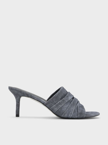 รองเท้าส้นสูงแบบเปิดส้นดีเทลจับจีบวัสดุผ้าทวิลล์, สีดาร์คบลู, hi-res