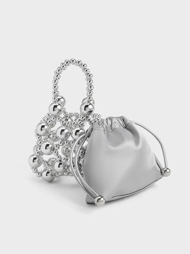 Metallic Beaded Top Handle Bag, Silver, hi-res