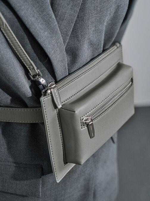 Double Zip Belt Bag, สีเซจกรีน, hi-res