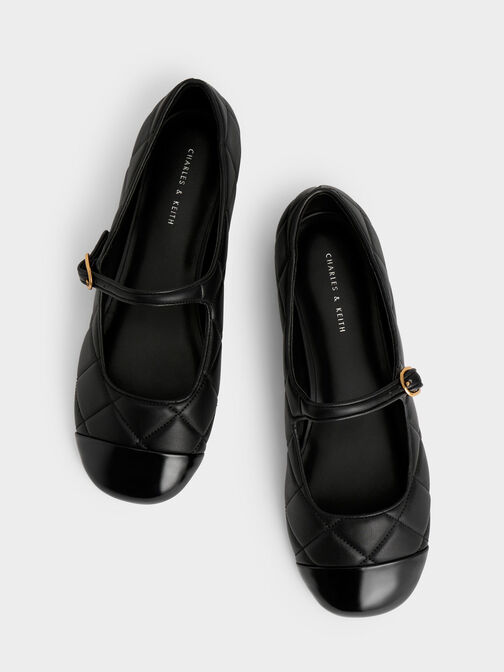 รองเท้าแมรี่เจนแบบหุ้มส่วนหน้าดีไซน์หลายควิลท์, สีดำ, hi-res