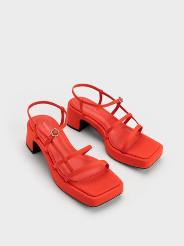 Flower-Buckle Strappy Sandals, สีแดง, hi-res
