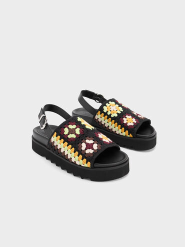 Crochet & Leather Floral Slingback Sandals, สีมัลติ, hi-res