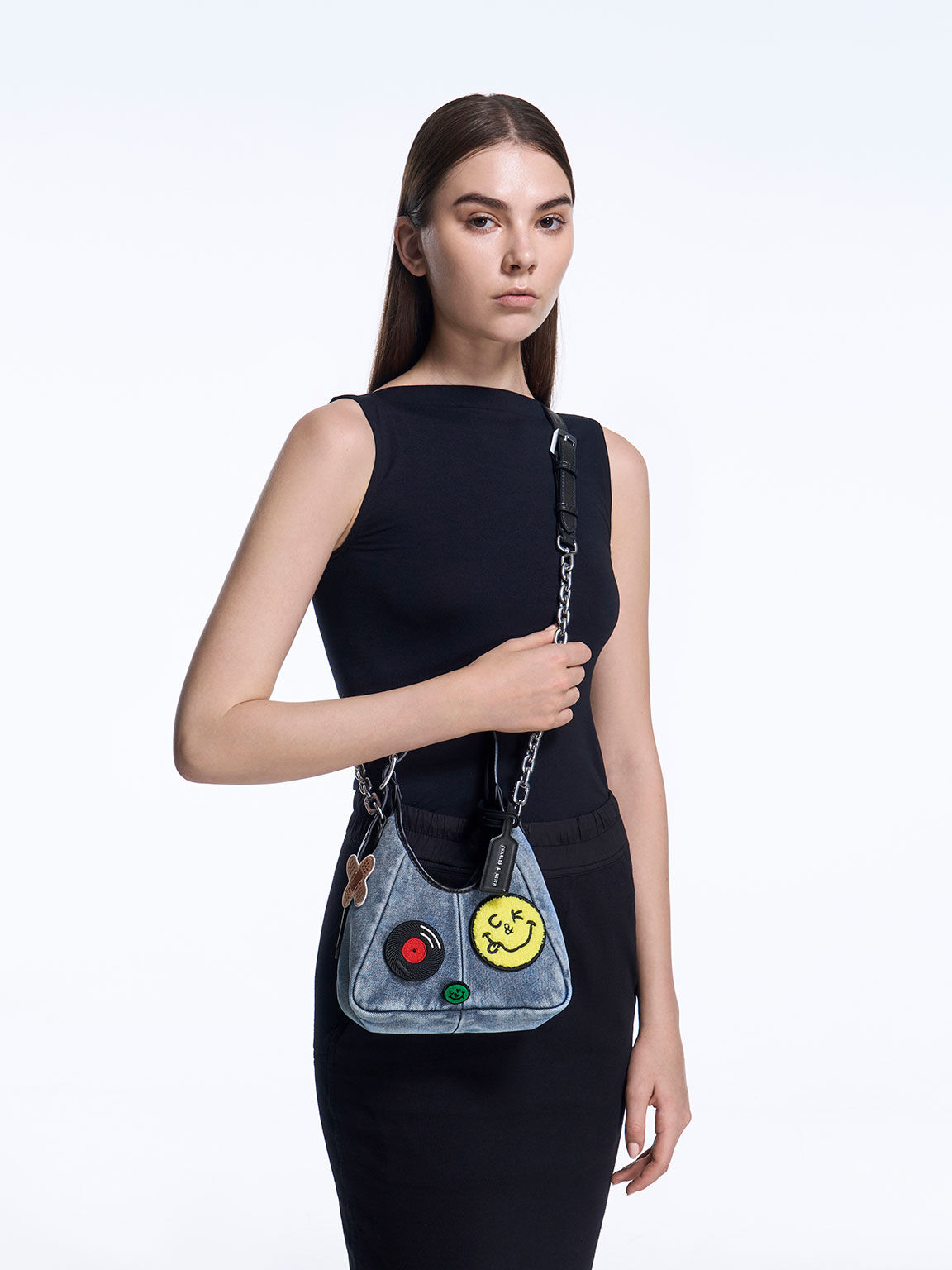 Denim Blue Mini Buzz Denim Patch-Embellished Hobo Bag Denim Blue Mini Buzz Denim Patch-Embellished Hobo Bag